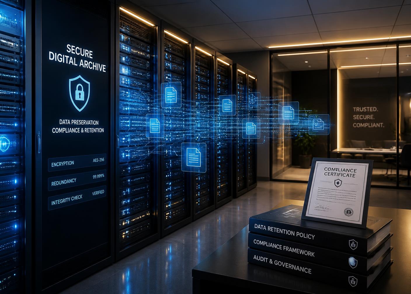 Secure digital archive server room with compliance documentation and holographic data streams