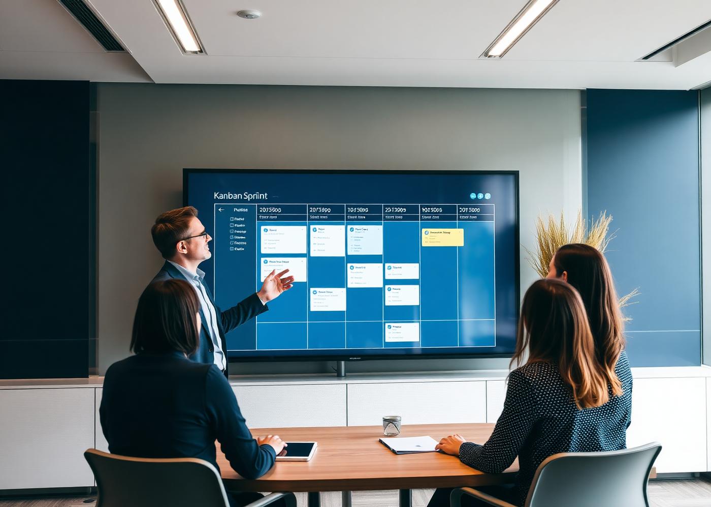 A delivery manager presenting a sprint board to a project team